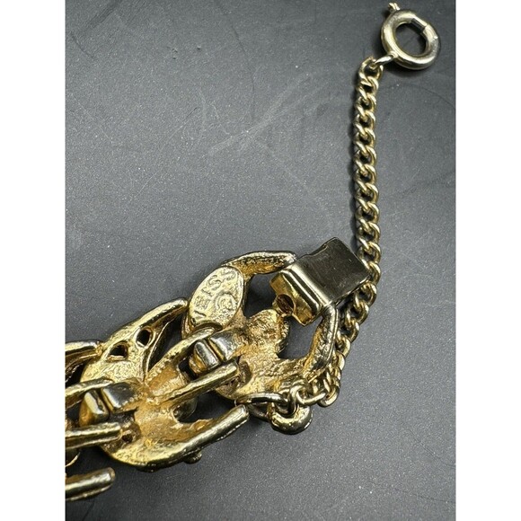 Weiss Rhinestone Link Bracelet Vintage Safety Clasp Green Gold Tone Signed - Picture 5 of 10